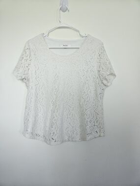 TAN JAY PETITE White Floral Lace Short Sleeve Blouse Lined Top Size M